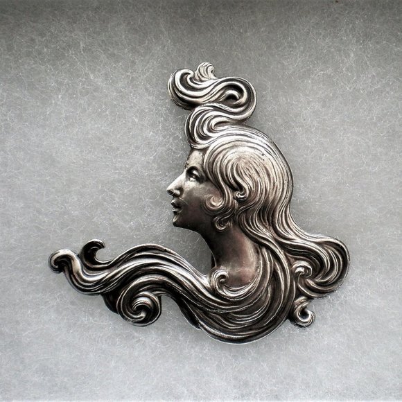 LARGE Antique Art Nouveau Sterling Silver Nymph Maiden Lady Long Hair Brooch Pin